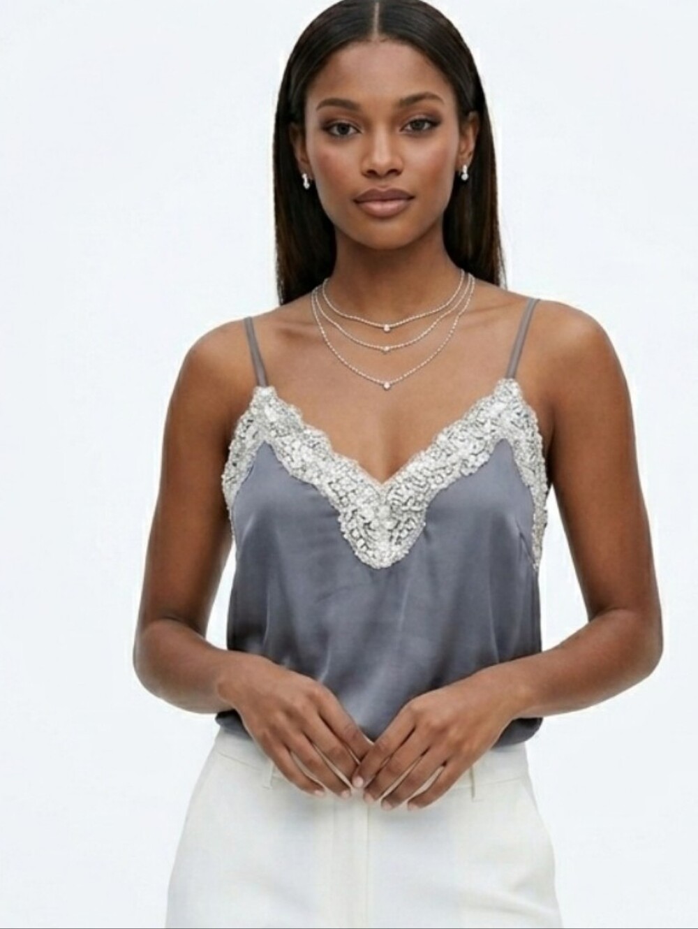 Zara Grey Sequin Trim Cami Top New With Tags Size M